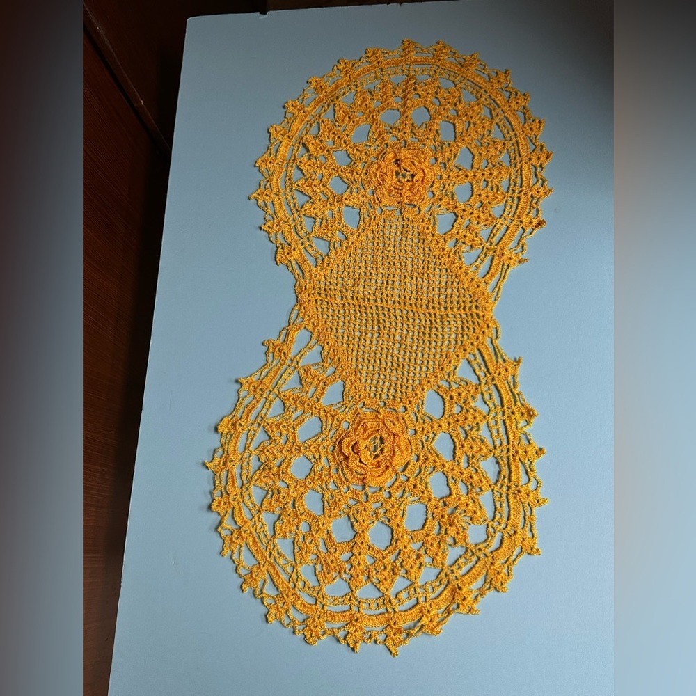 Hand woven crochet orange table runner 12 x 24”
